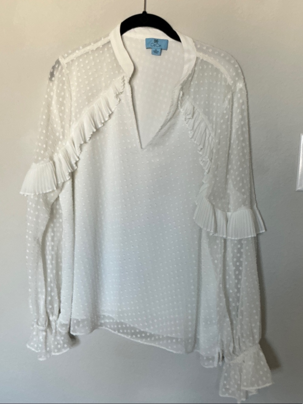 CeCe Ivory Swiss Dot Ruffled V-Neck Blouse